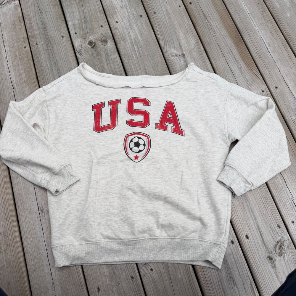 Goodie Two Sleeves USA Soccer Graphic Sweatshirt Grey Off Shoulder Medium